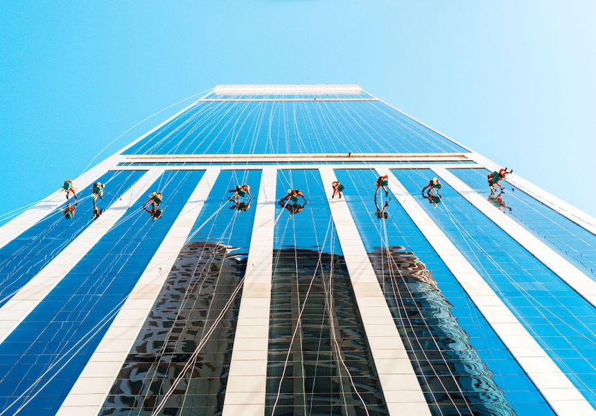 Tall building against blue sky.