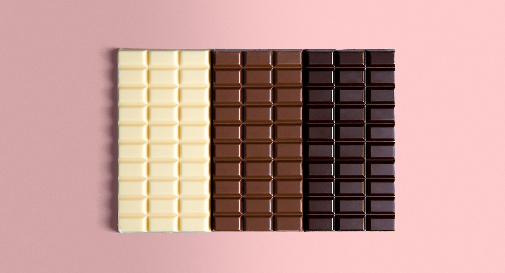 Three types of chocolate bars: White, Milk, Dark