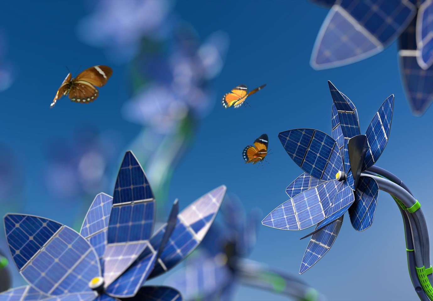 Butterflies flying around futuristic flowers with petals made from solar panels