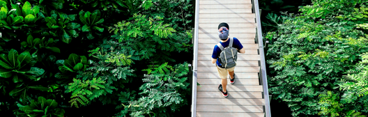 a man walking on a bridge surrounded by forest