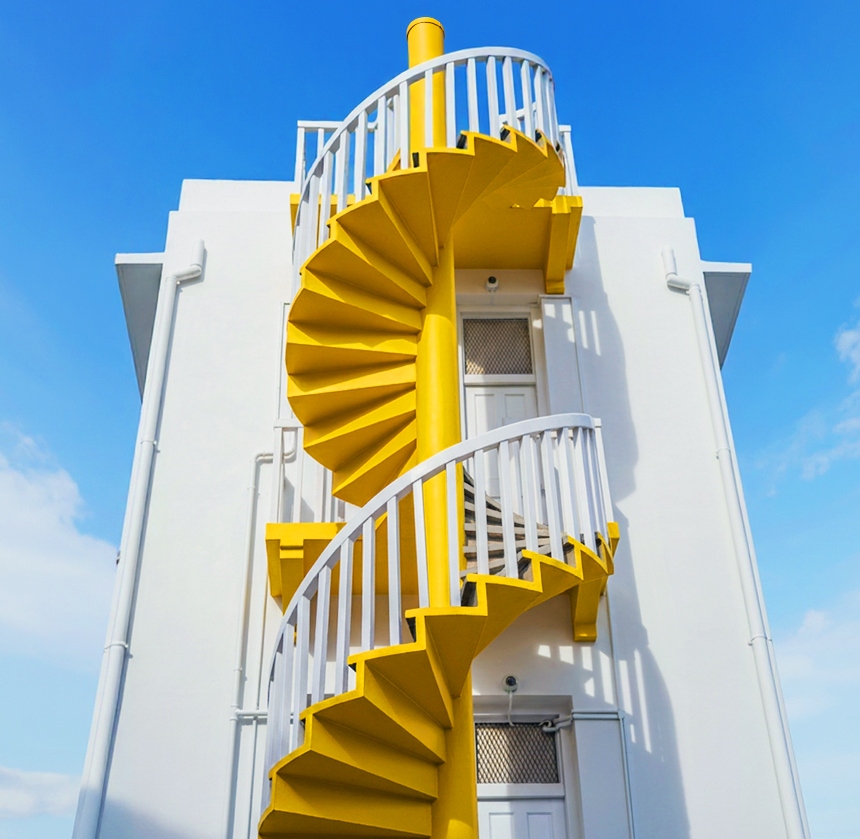yellow spiral stairs