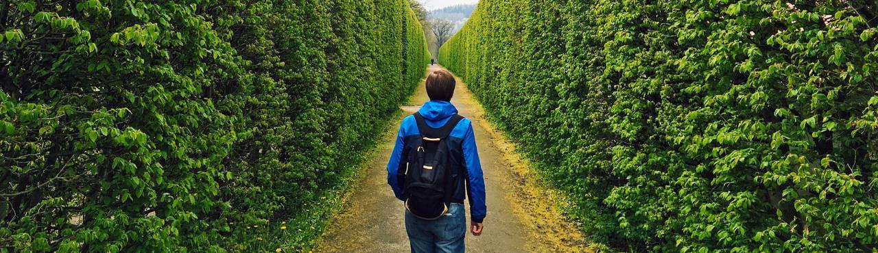 Man strolls down a path bordered by two hedges, illustrating the importance of both spending and investing during retirement.