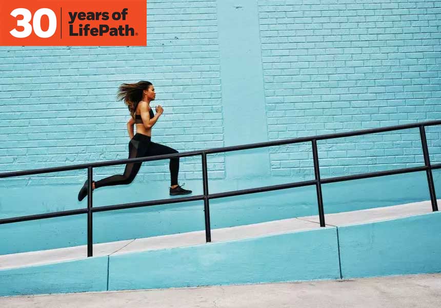 Women running on stairs