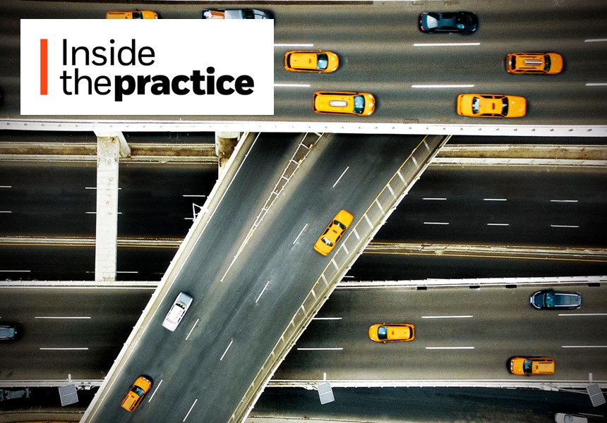 Overlapping flyover bridges with road traffic