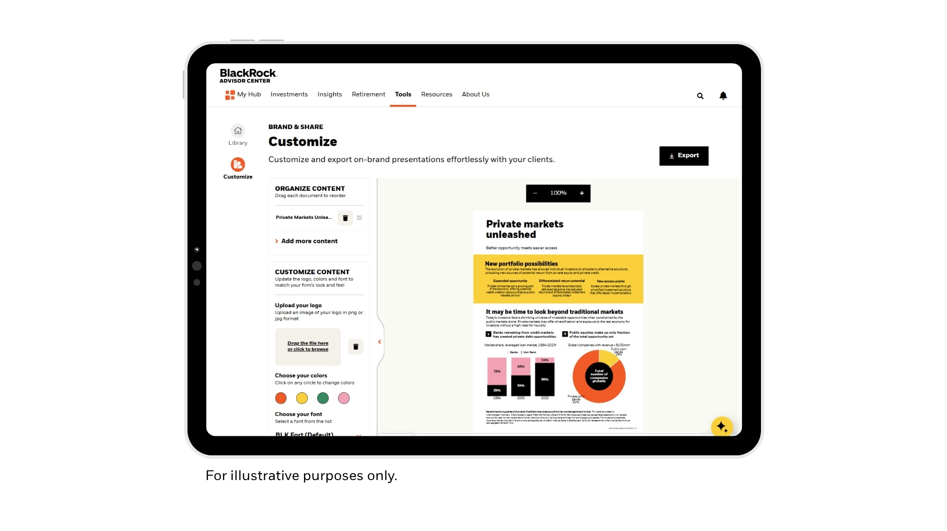 A tablet screen displaying a customizable client brochure interface with editable text, color options, and layout previews.