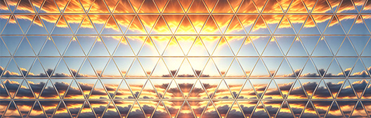 Abstract geometric pattern of interconnected triangles reflecting a golden sunrise over clouds.