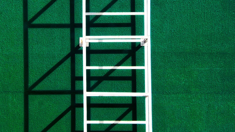 White ladder against a green wall with geometric shadows