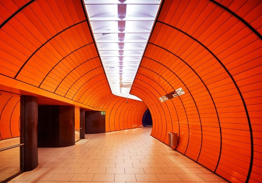 Colourful underground walking path.